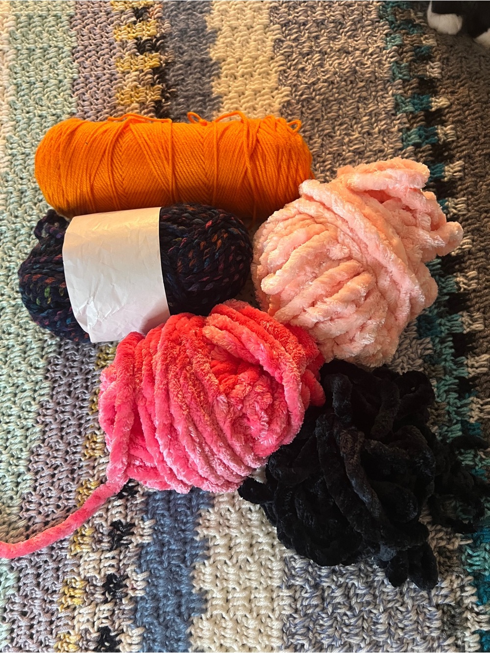 Yarn Bundle in Pink, Coral, Orange, Black-acrylic and velour